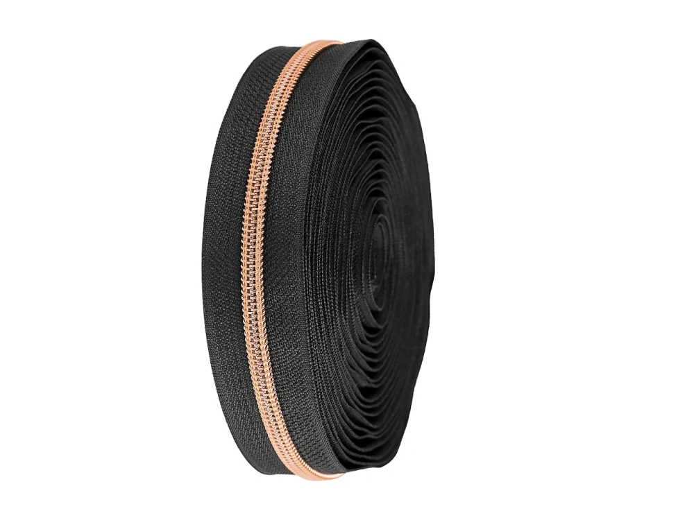 Zip spirálový 5 mm černý se zoubky z růžového zlata